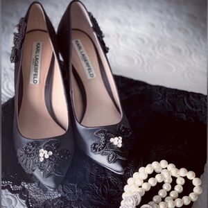 Karl Lagerfeld Satin Black Heels with Pearl & Appliqué Embellishments